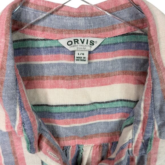 Orvis Linen Blend Short Sleeve Button Up Shirt Striped Top Womens Large - Picture 5 of 7